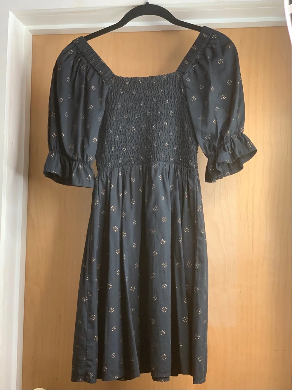 J. Crew Black Smocked Puff Sleeve Mini Dress Size-Small French Country